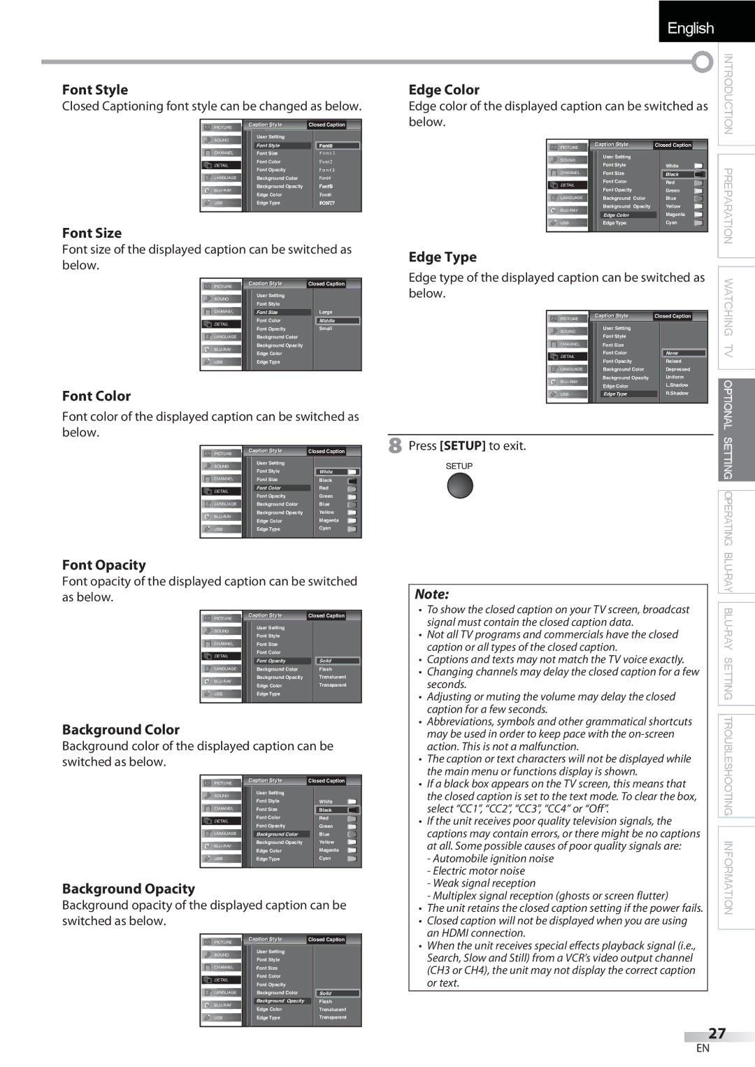 Sylvania LD427SSX owner manual Font Style, Font Size, Font Color Edge Color, Edge Type, Font Opacity, Background Color 