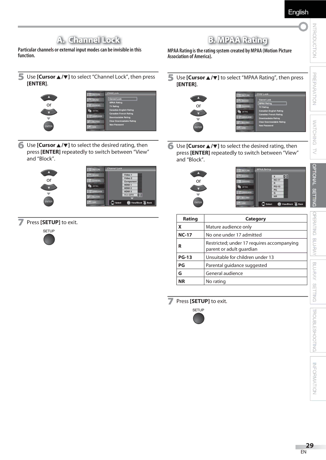 Sylvania LD427SSX owner manual Channel Lock Mpaa Rating, Function Association of America 