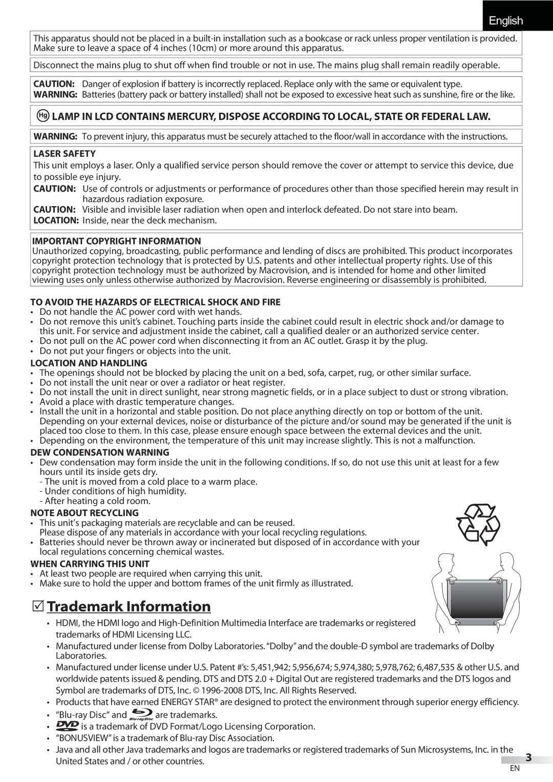 Sylvania LD427SSX owner manual  Trademark Information, Do not handle the AC power cord with wet hands 