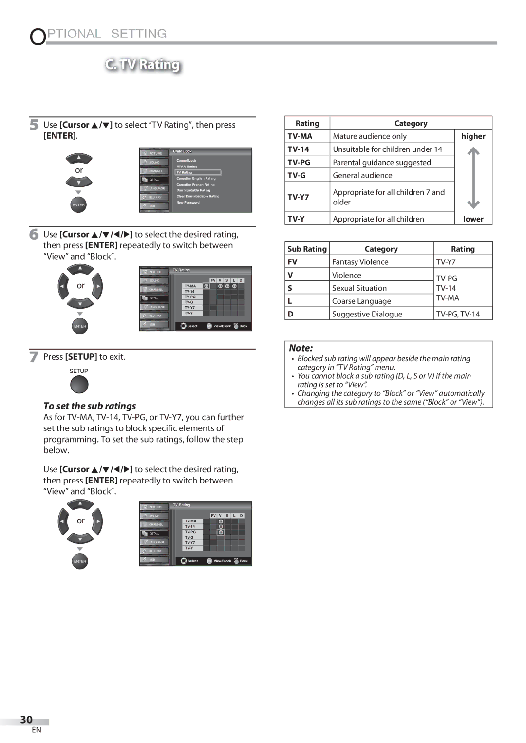 Sylvania LD427SSX owner manual Use Cursor K/L to select TV Rating, then press 