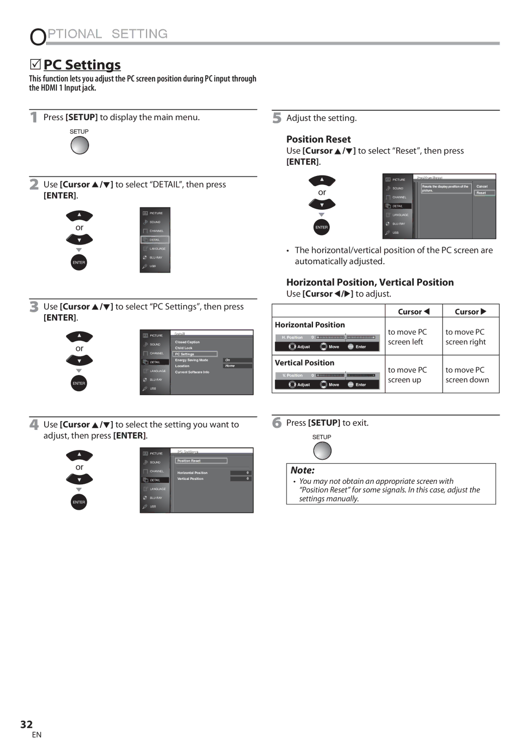 Sylvania LD427SSX owner manual  PC Settings, Position Reset, Horizontal Position, Vertical Position 