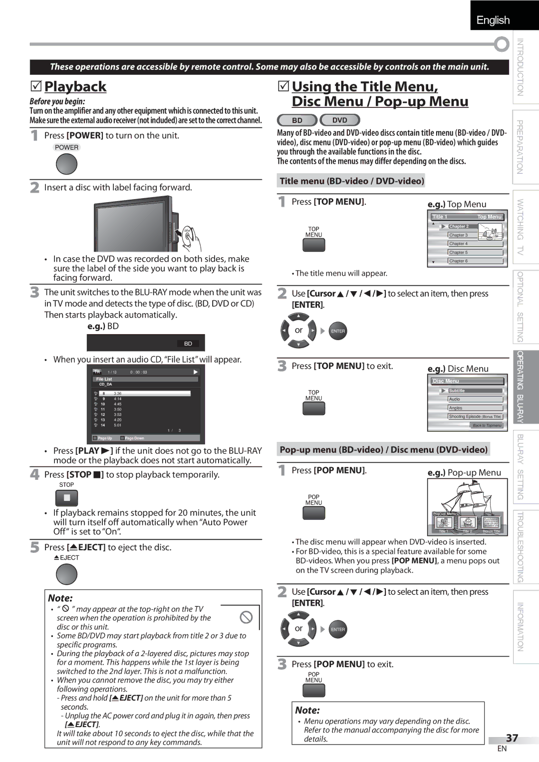 Sylvania LD427SSX owner manual  Playback, Title menu BD-video / DVD-video, Press TOP Menu, Press POP Menu 