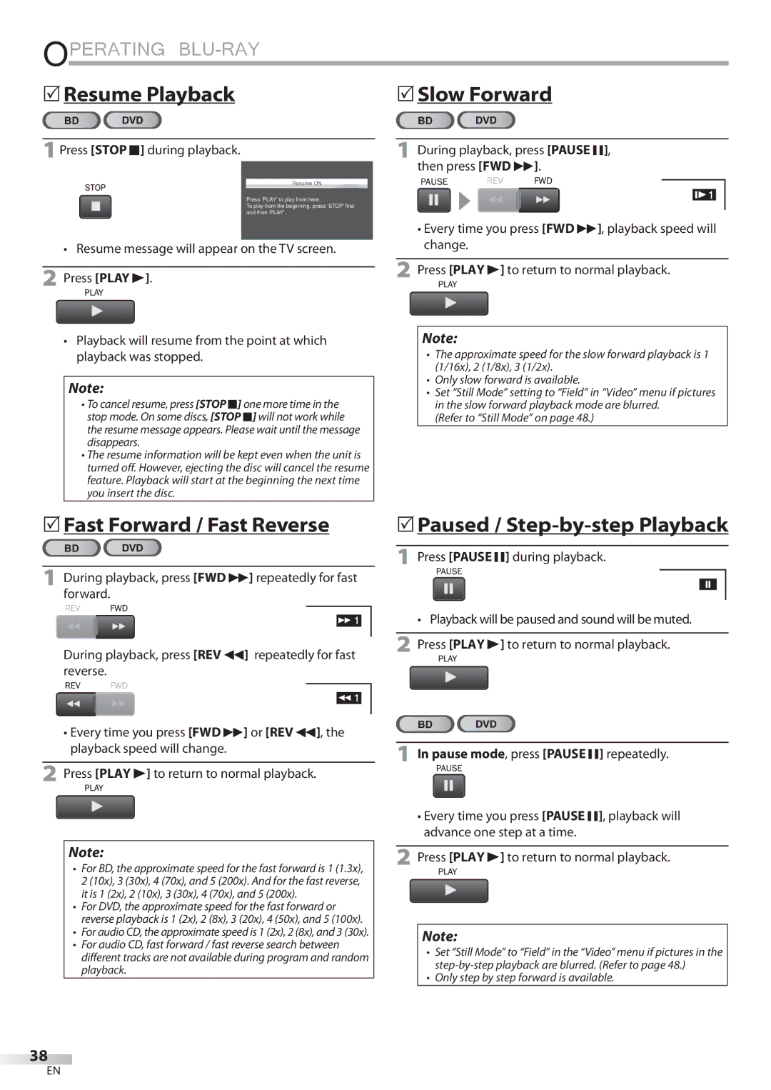 Sylvania LD427SSX owner manual Resume Playback,  Fast Forward / Fast Reverse,  Paused / Step-by-step Playback 