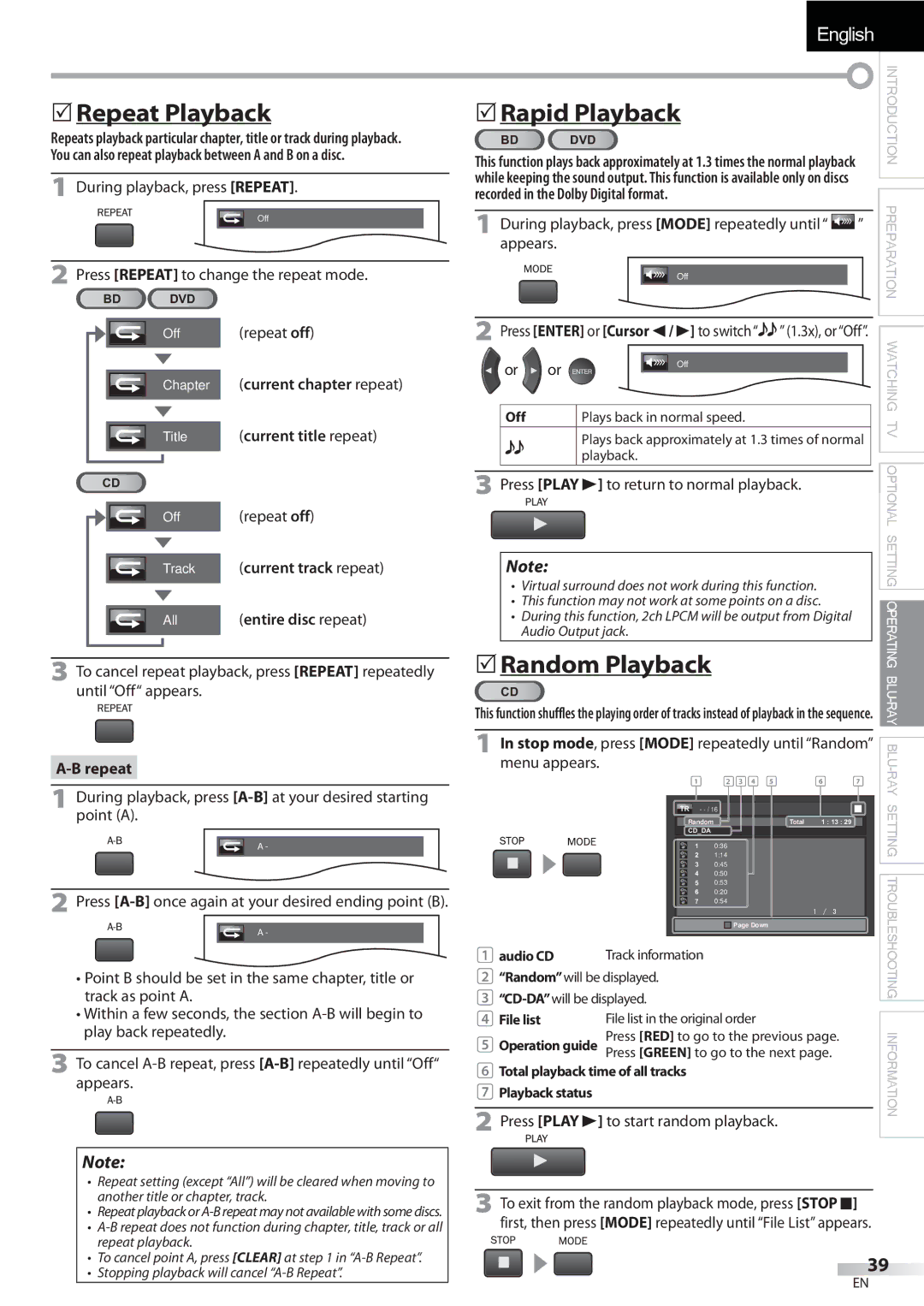 Sylvania LD427SSX owner manual  Repeat Playback, Rapid Playback, Random Playback 