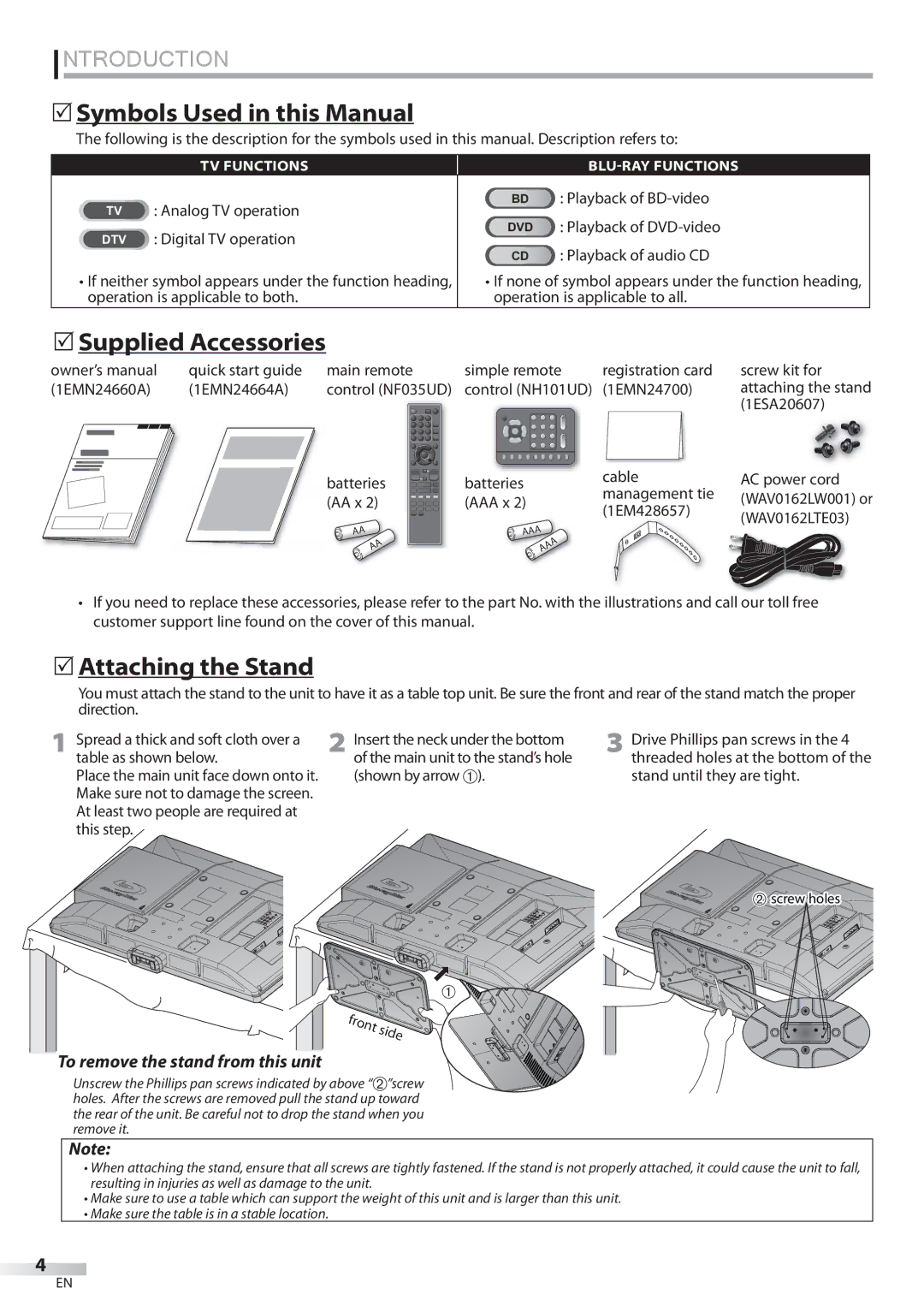 Sylvania LD427SSX owner manual  Symbols Used in this Manual,  Supplied Accessories,  Attaching the Stand 