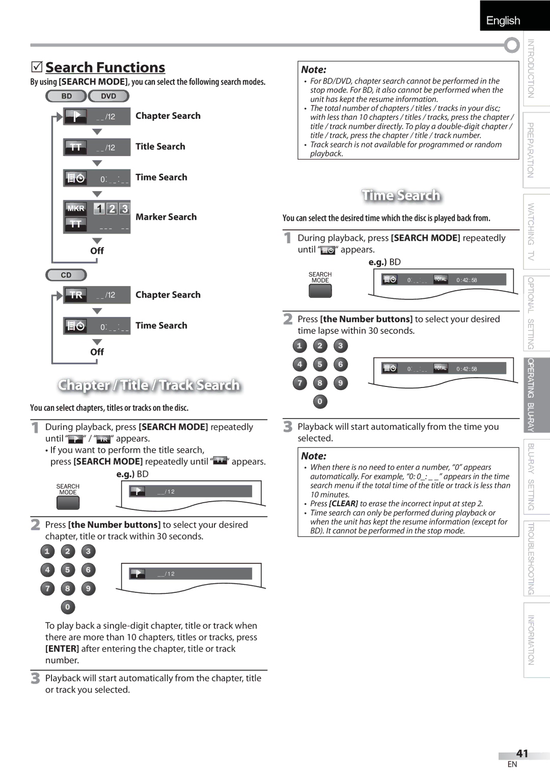 Sylvania LD427SSX owner manual  Search Functions, Chapter / Title / Track Search, Time Search 