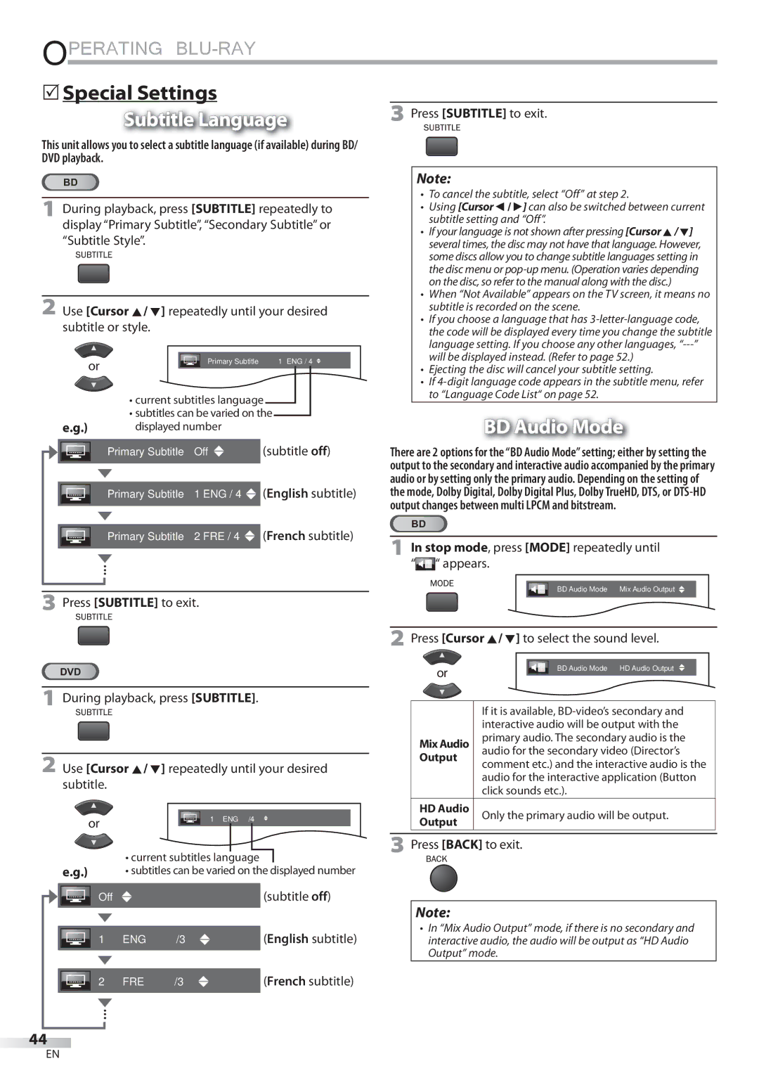 Sylvania LD427SSX  Special Settings, Subtitle Language, BD Audio Mode, Stop mode, press Mode repeatedly until appears 