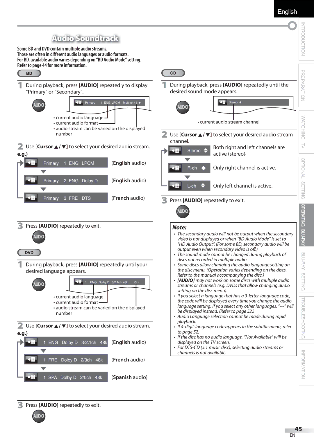 Sylvania LD427SSX owner manual Audio Soundtrack, Some BD and DVD contain multiple audio streams 