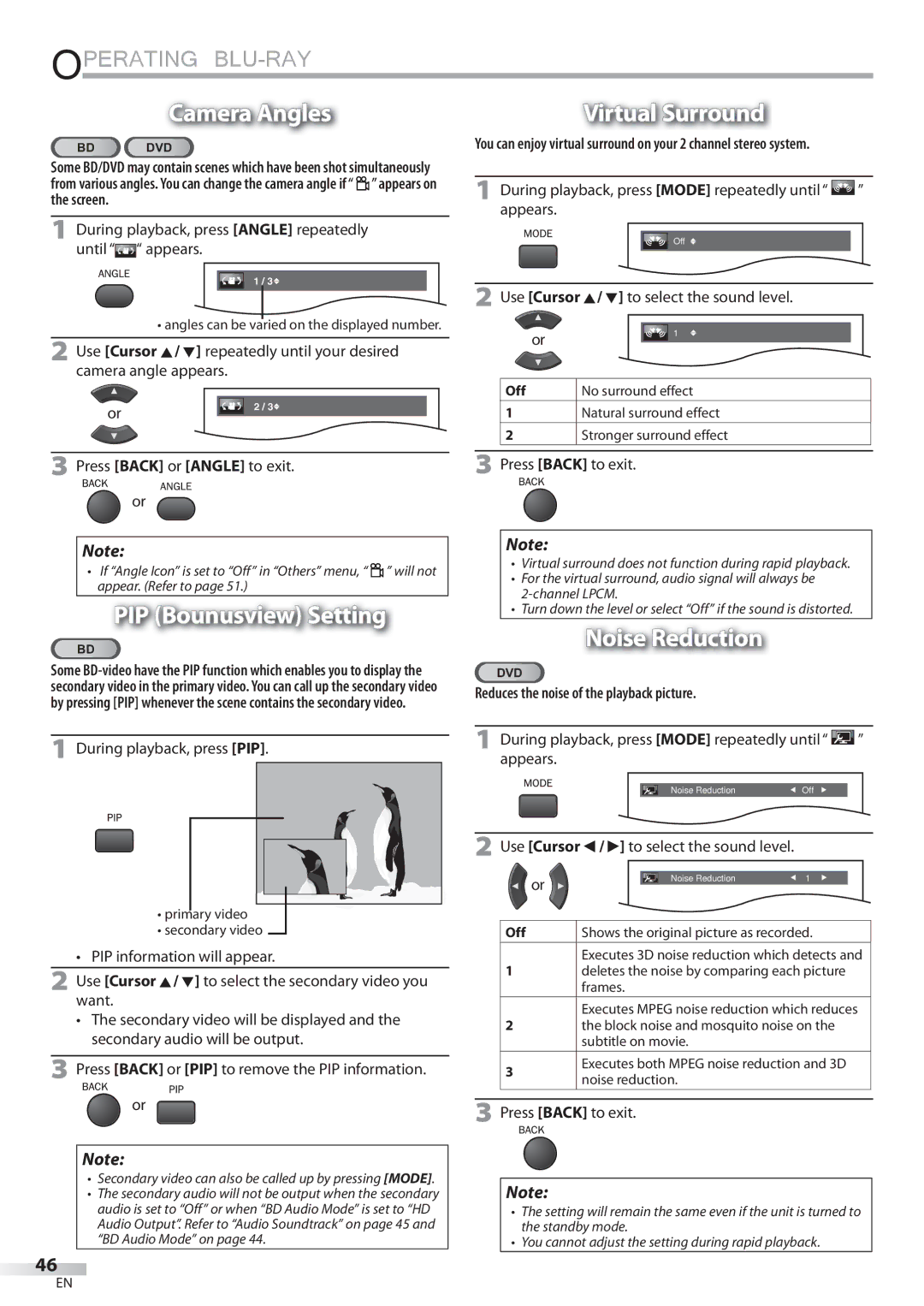 Sylvania LD427SSX owner manual Camera Angles, Virtual Surround, PIP Bounusview Setting, Noise Reduction 