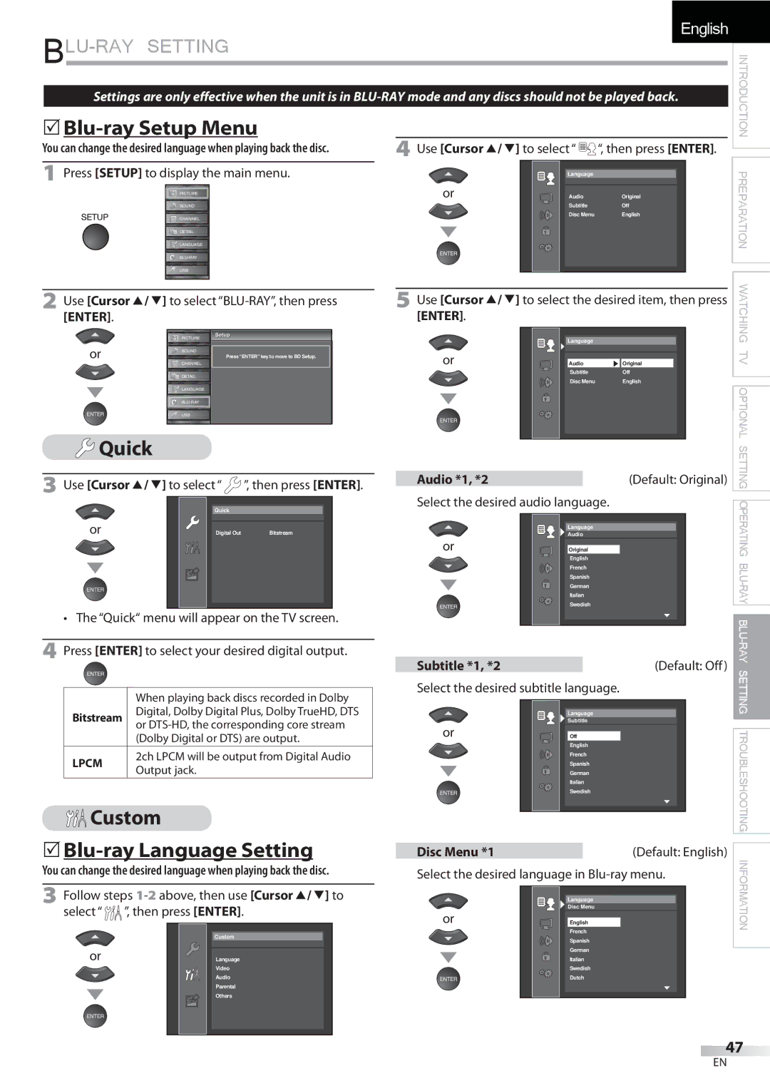 Sylvania LD427SSX owner manual  Blu-ray Setup Menu, Quick, Custom  Blu-ray Language Setting 