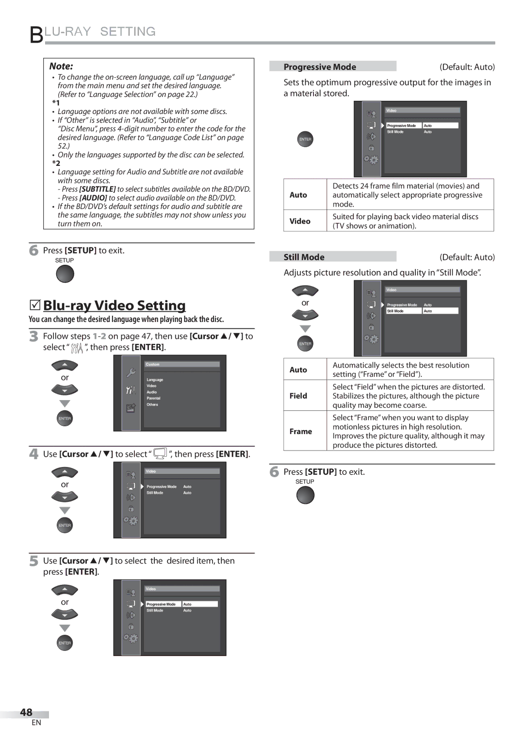 Sylvania LD427SSX owner manual  Blu-ray Video Setting, Progressive Mode, Still Mode 