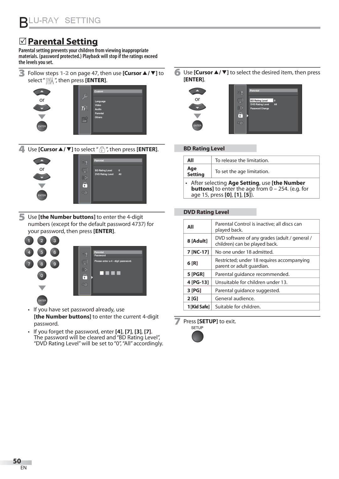 Sylvania LD427SSX owner manual  Parental Setting, BD Rating Level, Number buttons to enter the current 4-digit password 