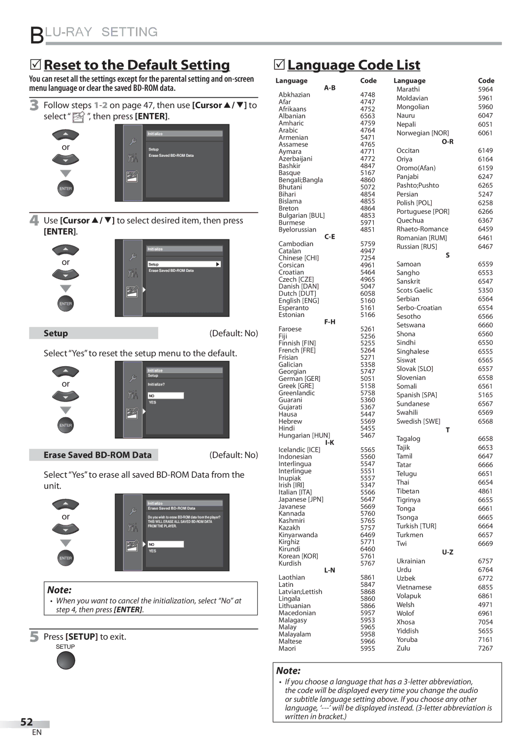 Sylvania LD427SSX  Reset to the Default Setting  Language Code List, Use Cursor K/ L to select desired item, then press 