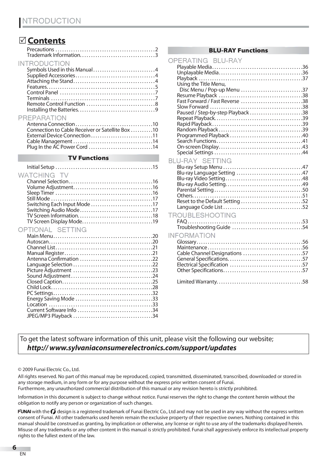 Sylvania LD427SSX owner manual  Contents, TV Functions BLU-RAY Functions, Using the Title Menu 