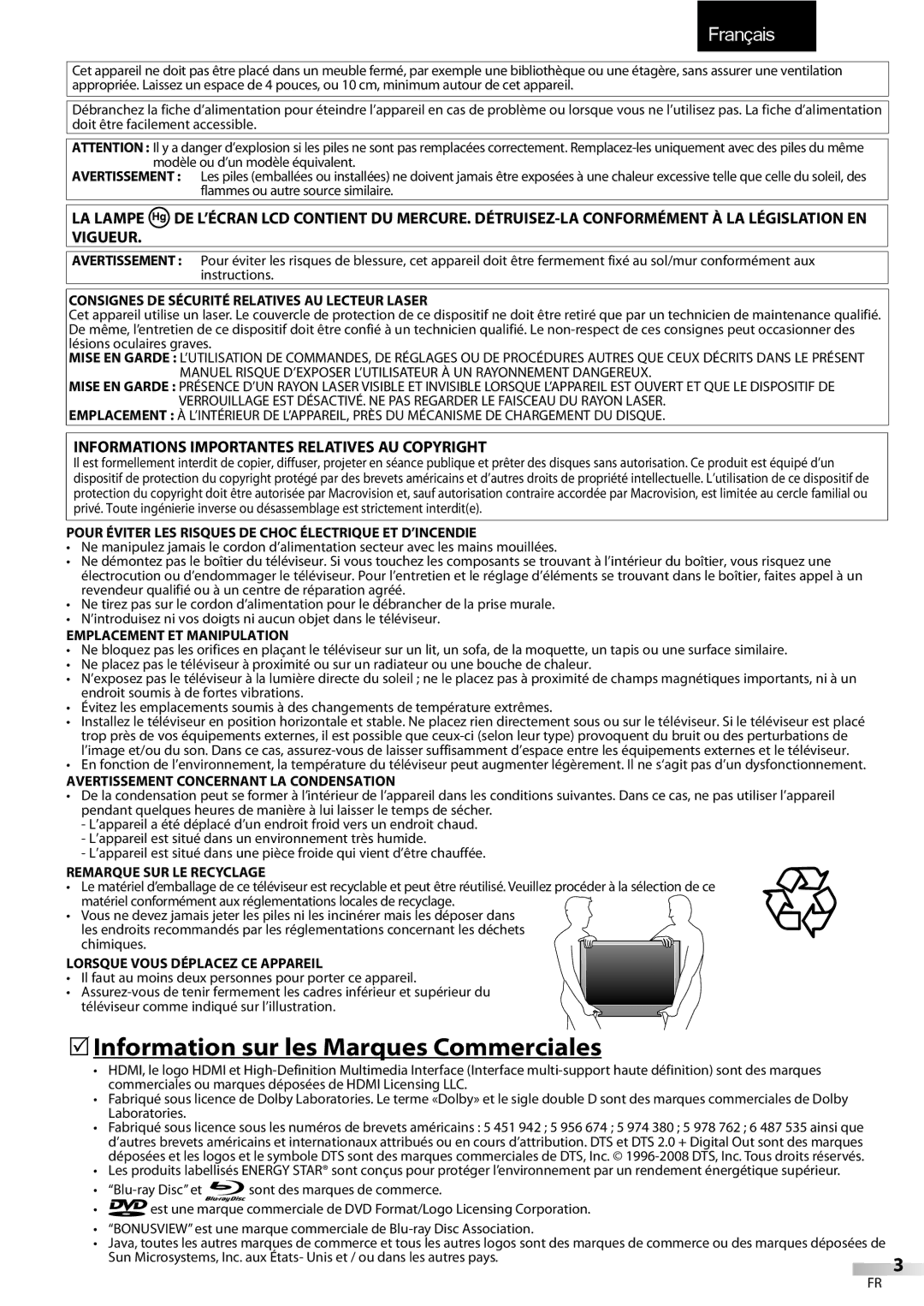 Sylvania LD427SSX 5Information sur les Marques Commerciales, Informations Importantes Relatives AU Copyright, Chimiques 