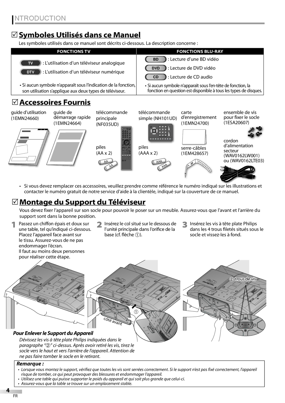 Sylvania LD427SSX Introduction, 5Symboles Utilisés dans ce Manuel, 5Accessoires Fournis, 5Montage du Support du Téléviseur 