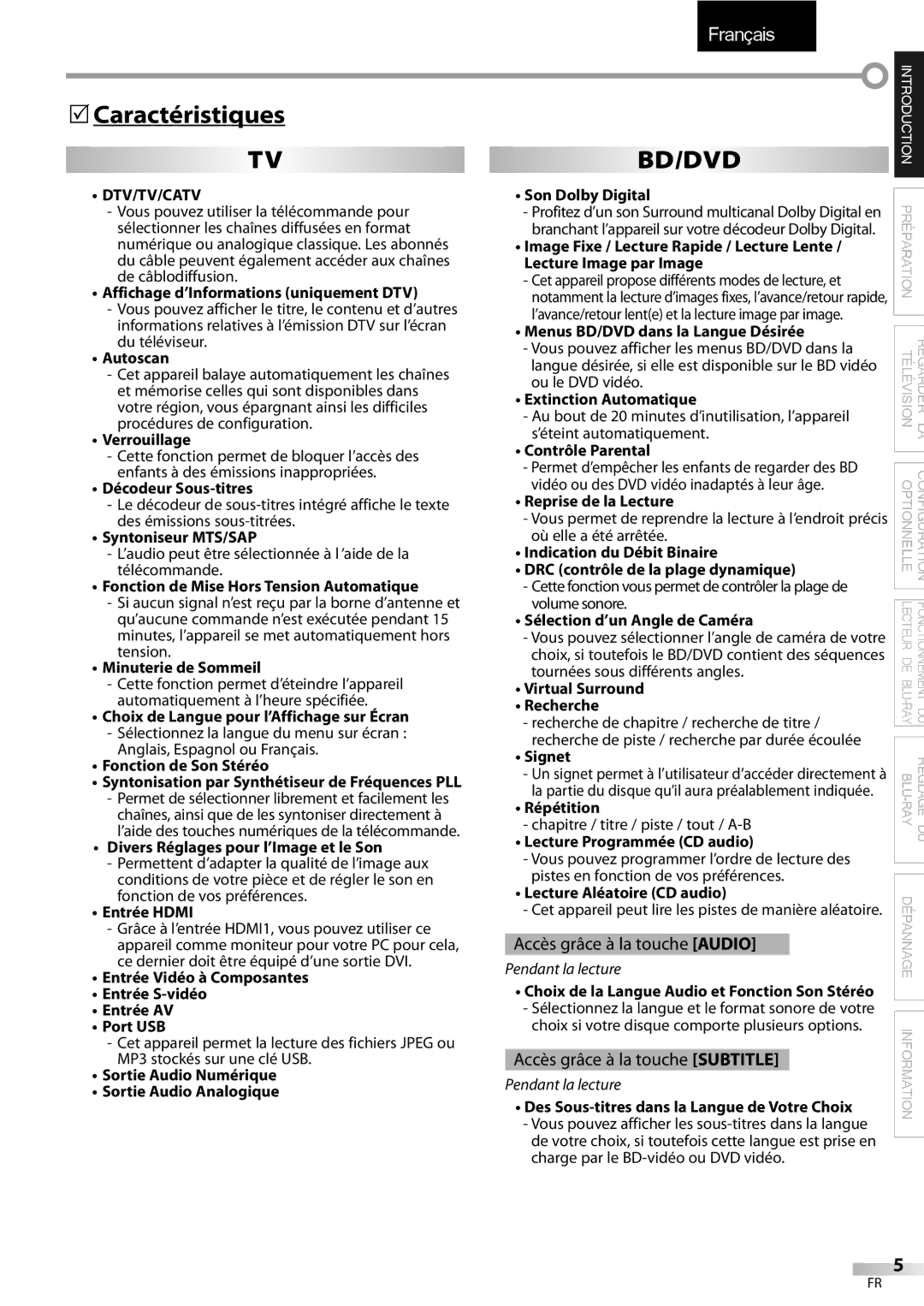 Sylvania LD427SSX owner manual Caractéristiques, Dtv/Tv/Catv 