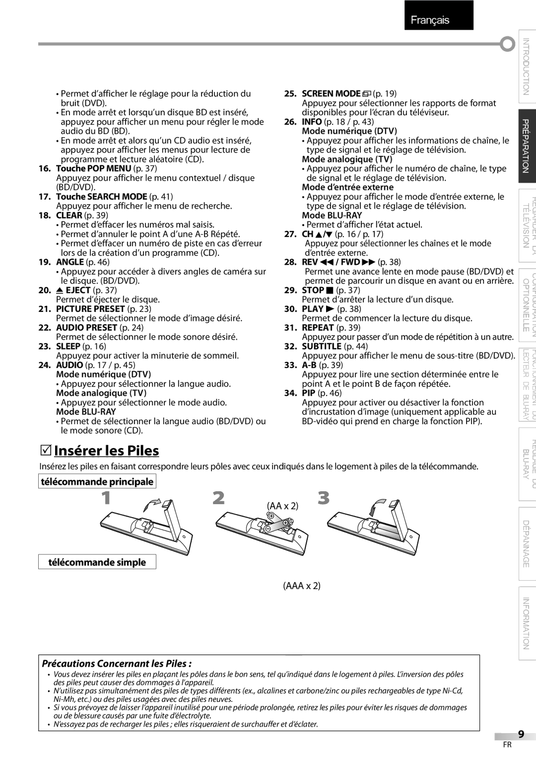 Sylvania LD427SSX 5Insérer les Piles, Télécommande principale, Télécommande simple, Précautions Concernant les Piles 