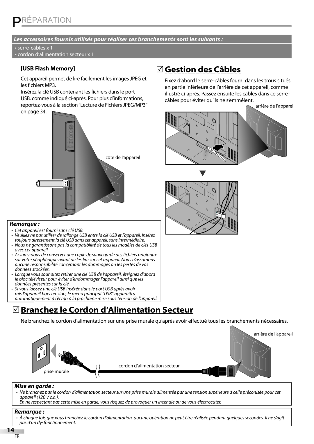 Sylvania LD427SSX 5Gestion des Câbles, 5Branchez le Cordon d’Alimentation Secteur, USB Flash Memory, Mise en garde 