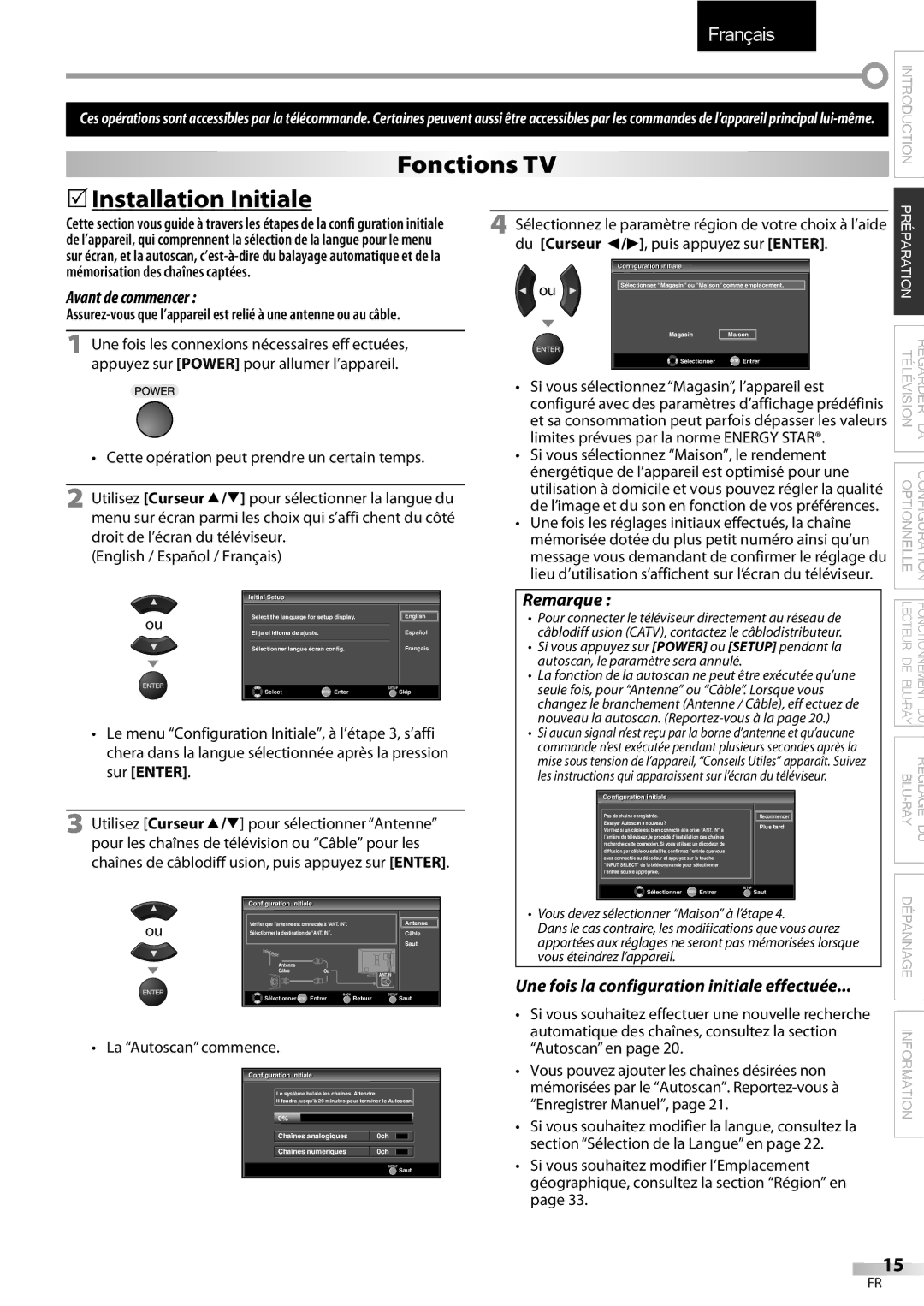 Sylvania LD427SSX Fonctions TV 5Installation Initiale, Avant de commencer, Une fois la configuration initiale effectuée 