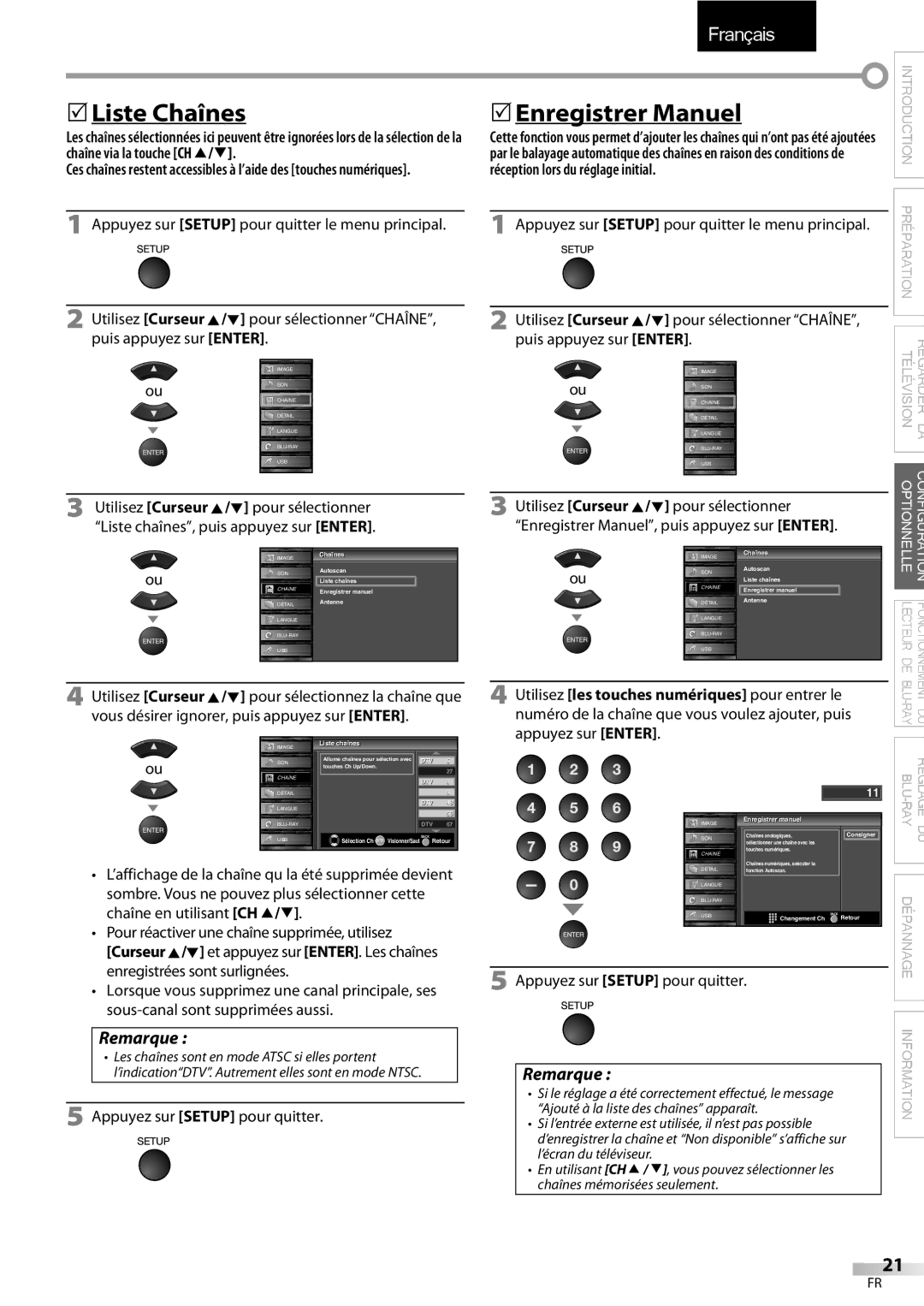 Sylvania LD427SSX owner manual 5Liste Chaînes, Enregistrer Manuel, Appuyez sur Setup pour quitter 