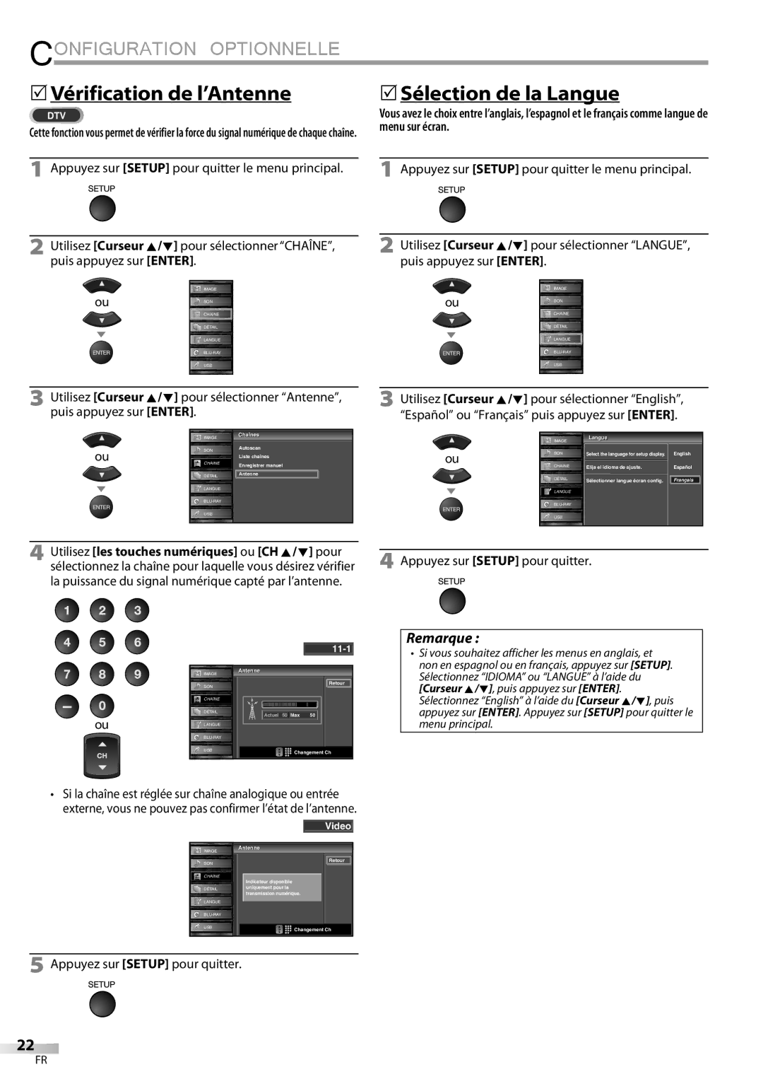 Sylvania LD427SSX 5Vérification de l’Antenne, 5Sélection de la Langue, Appuyez sur Setup pour quitter le menu principal 