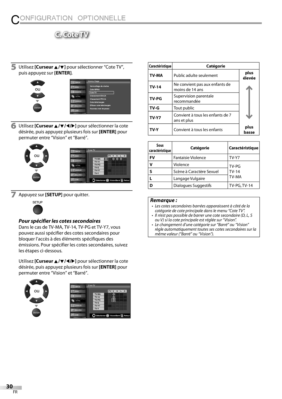 Sylvania LD427SSX owner manual Cote TV, Pour spécifier les cotes secondaires, TV-14, Sous Catégorie 