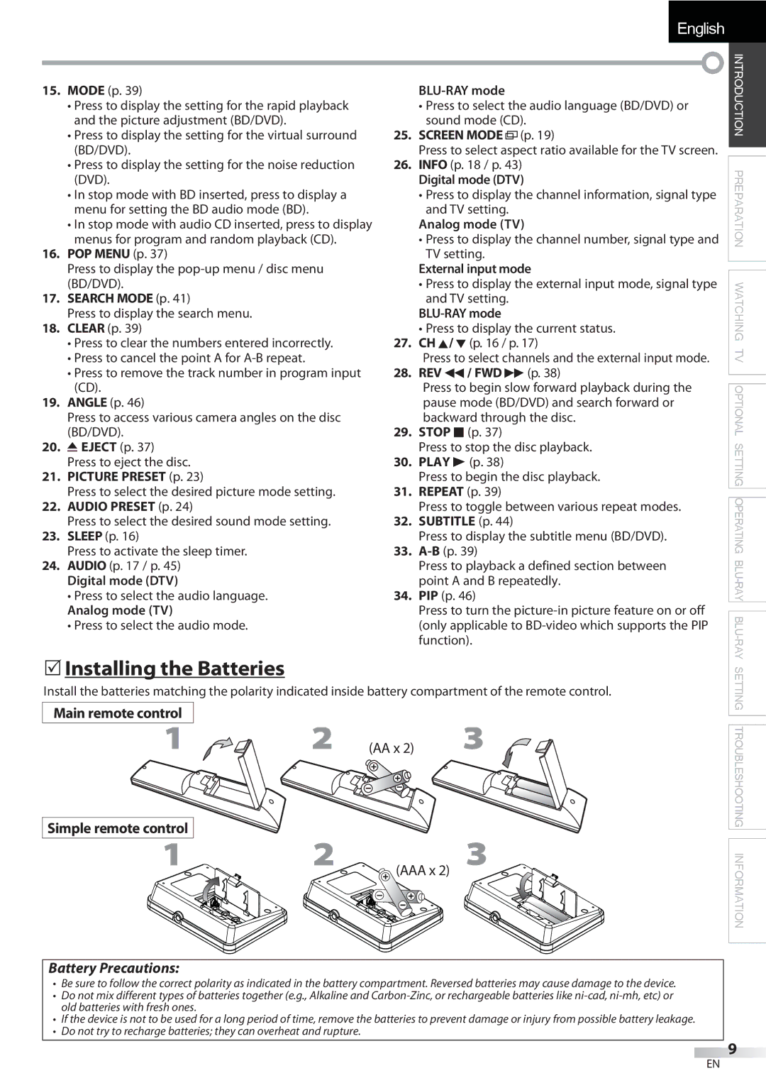 Sylvania LD427SSX owner manual  Installing the Batteries, Main remote control 