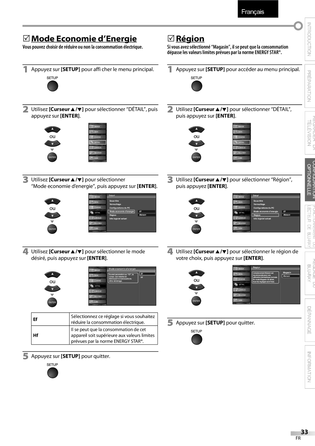 Sylvania LD427SSX owner manual 5Mode Economie d’Energie, Région, Utilisez Curseur K/L pour sélectionner 