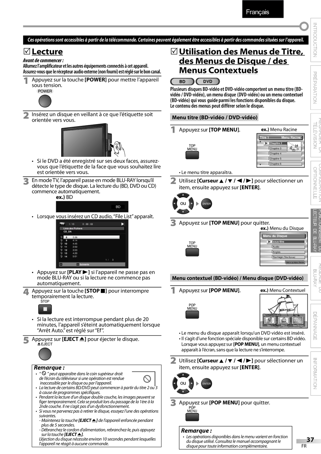 Sylvania LD427SSX Lecture, Le contenu des menus peut différer selon le disque, Ex. BD, Menu titre BD-vidéo / DVD-vidéo 