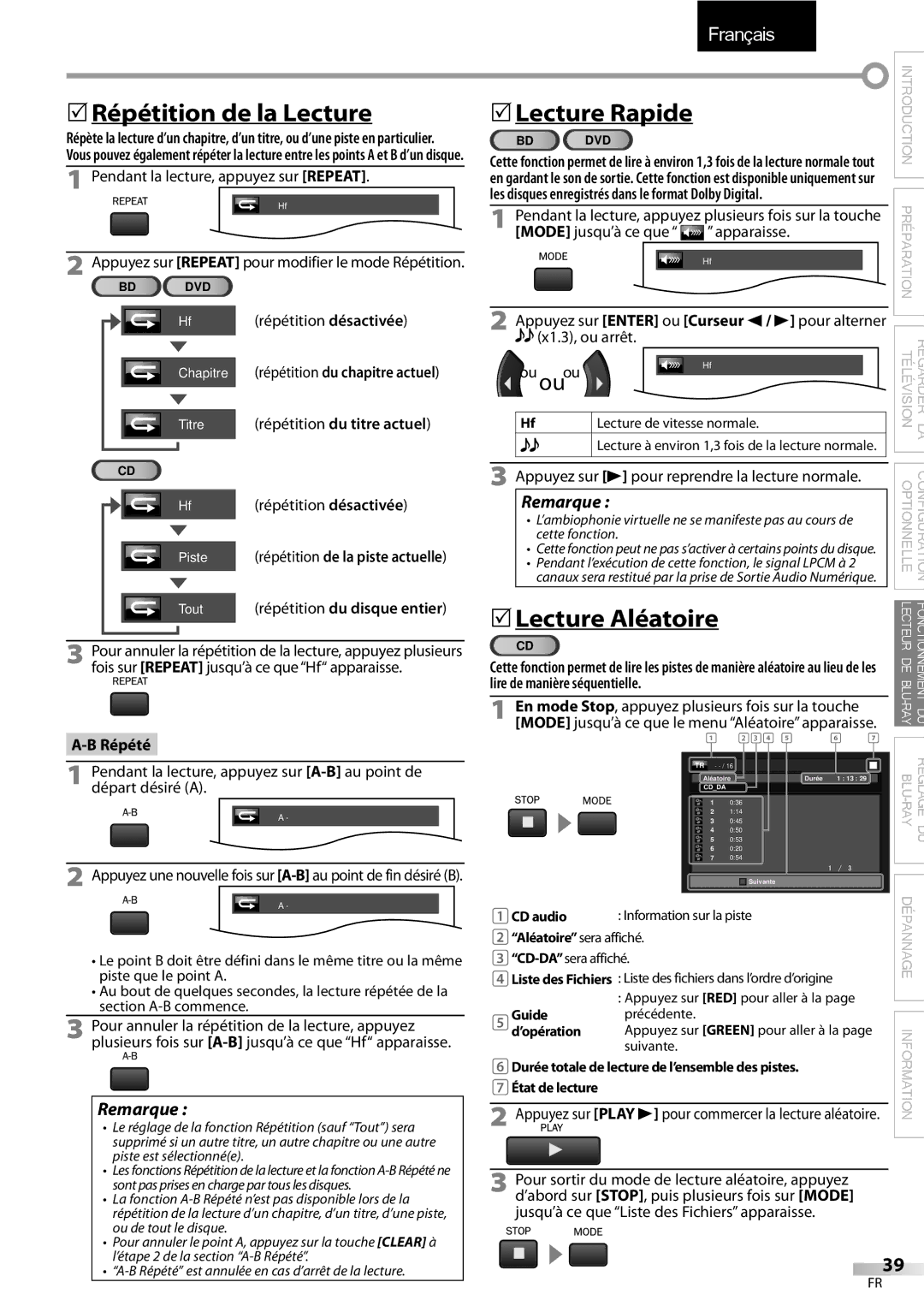 Sylvania LD427SSX owner manual 5Répétition de la Lecture, Lecture Aléatoire 