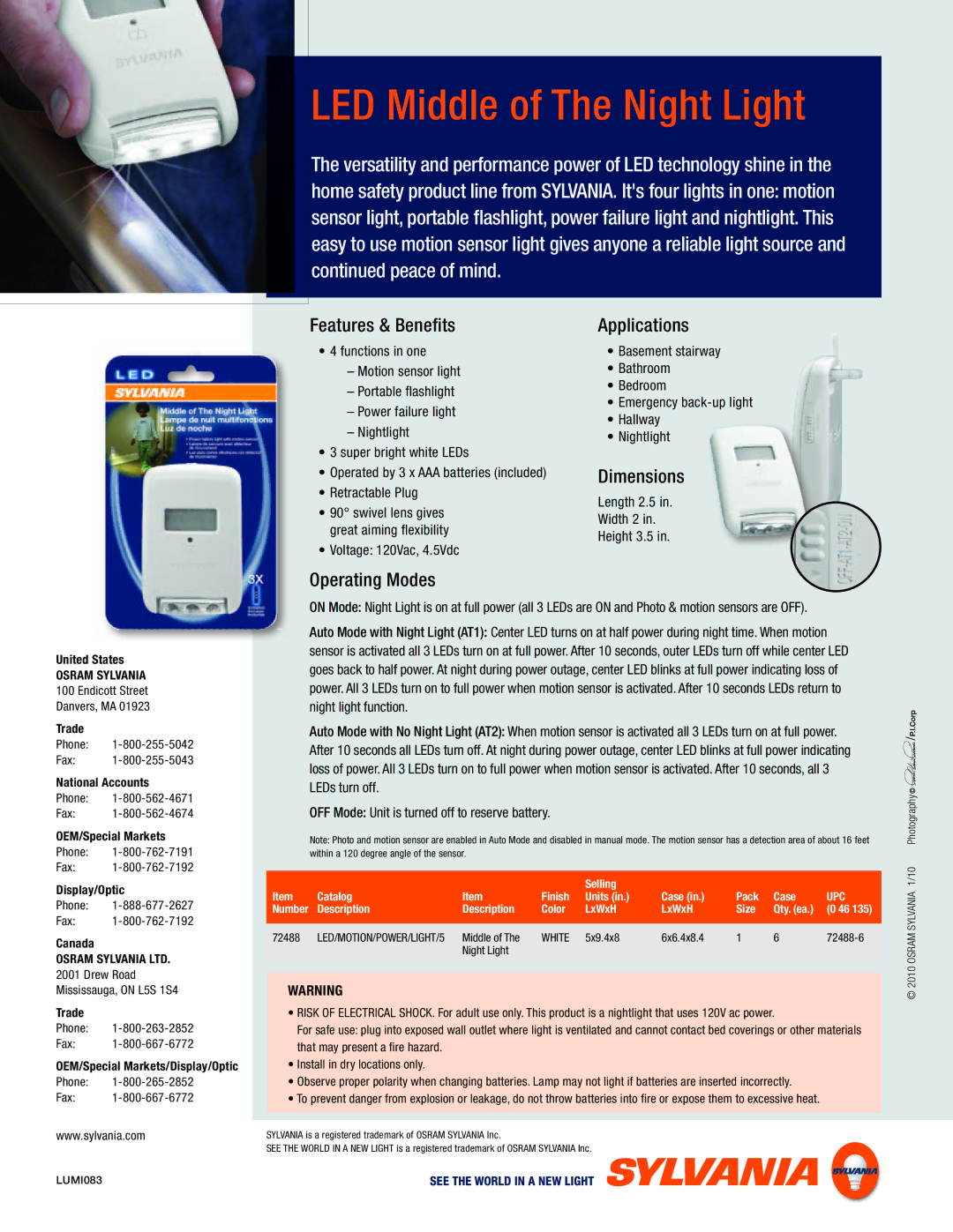 Sylvania LUMI083 manual LED Middle of The Night Light, Features & Benefits, Operating Modes Applications, Dimensions 