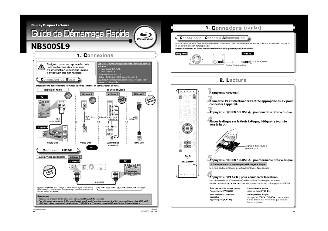 Sylvania NB500SL9 5Appuyez sur Open / Close a pour fermer le tiroir à disque, Appuyez sur Play B pour commercer la lecture 