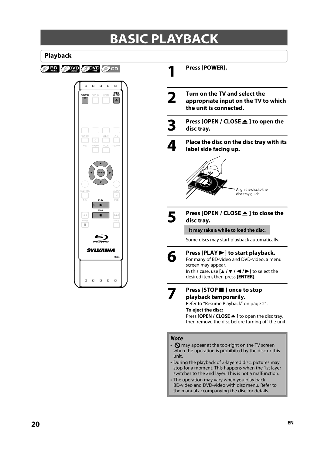 Sylvania NB500SL9 owner manual Basic Playback, Press Open / Close a to close the disc tray, Press Play B to start playback 