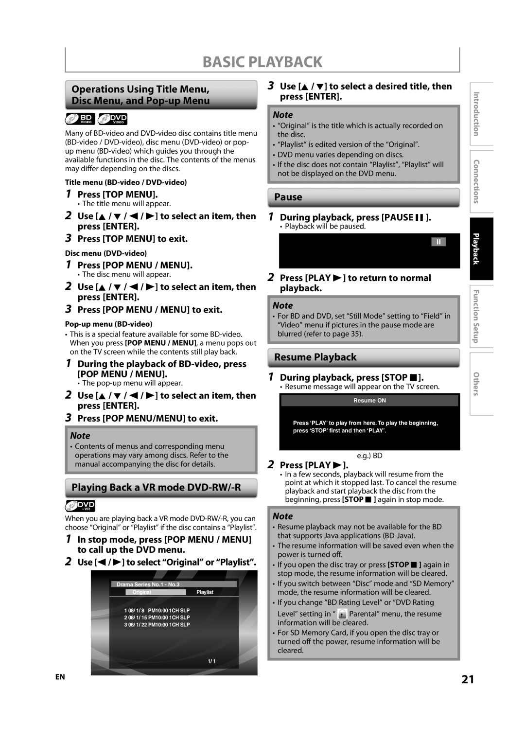 Sylvania NB500SL9 Basic Playback, Operations Using Title Menu Disc Menu, and Pop-up Menu, Playing Back a VR mode DVD-RW/-R 