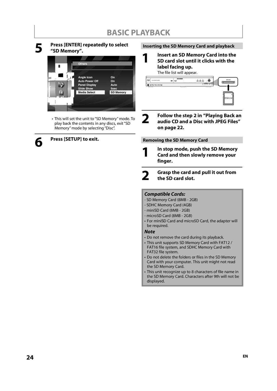 Sylvania NB500SL9 owner manual Press Enter repeatedly to select SD Memory, Label facing up, Removing the SD Memory Card 