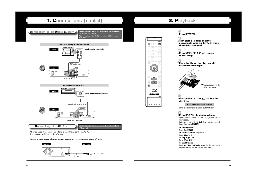 Sylvania NB500SL9 owner manual 5Press Open / Close a to close the disc tray, 6Press Play B to start playback 