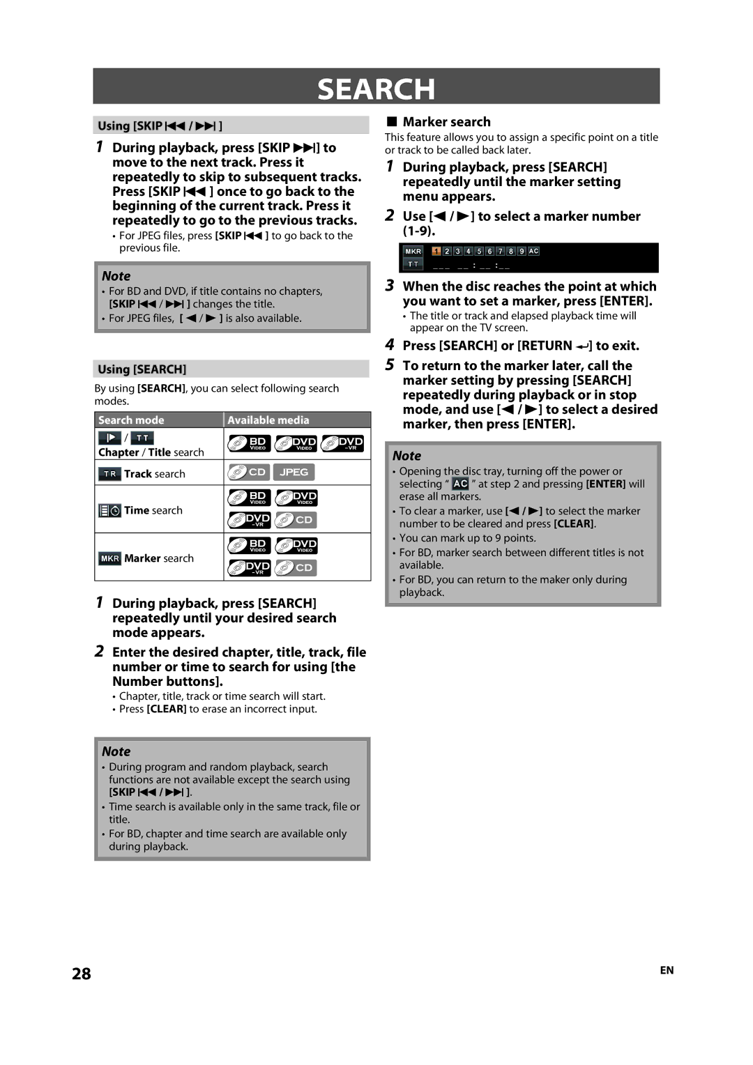 Sylvania NB500SL9 owner manual Marker search, Using Search, Search mode 