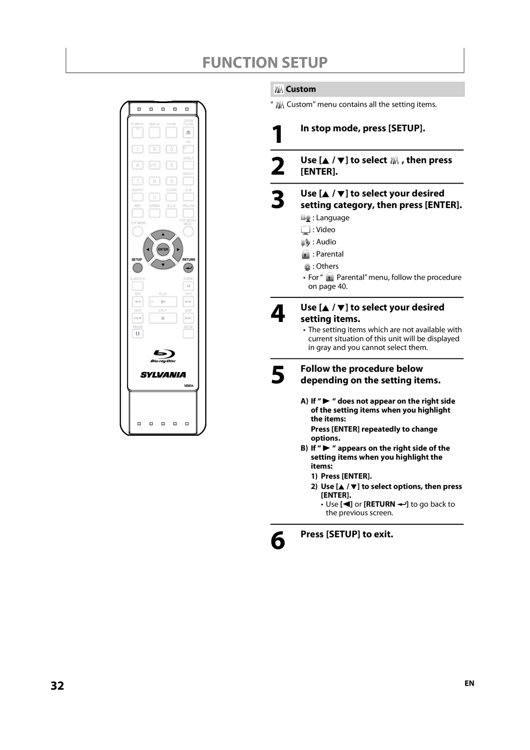 Sylvania NB500SL9 owner manual Function Setup, Custom menu contains all the setting items 