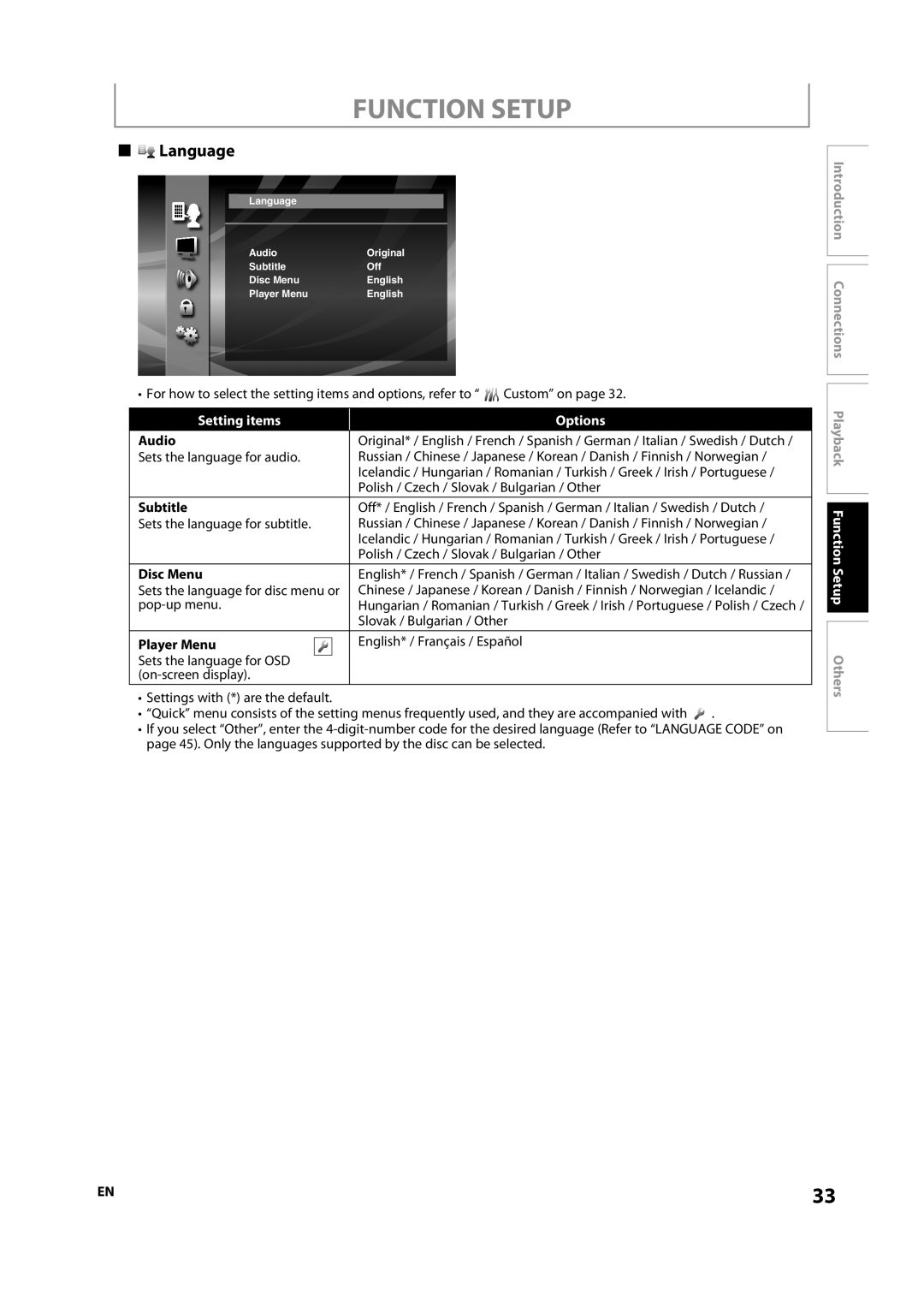 Sylvania NB500SL9 owner manual Language, Setting items Options 