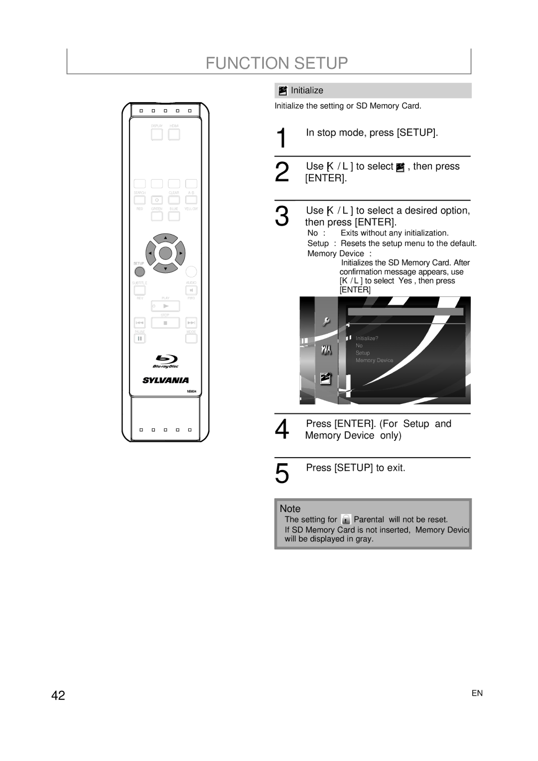 Sylvania NB500SL9 owner manual Initialize the setting or SD Memory Card, Memory Device 