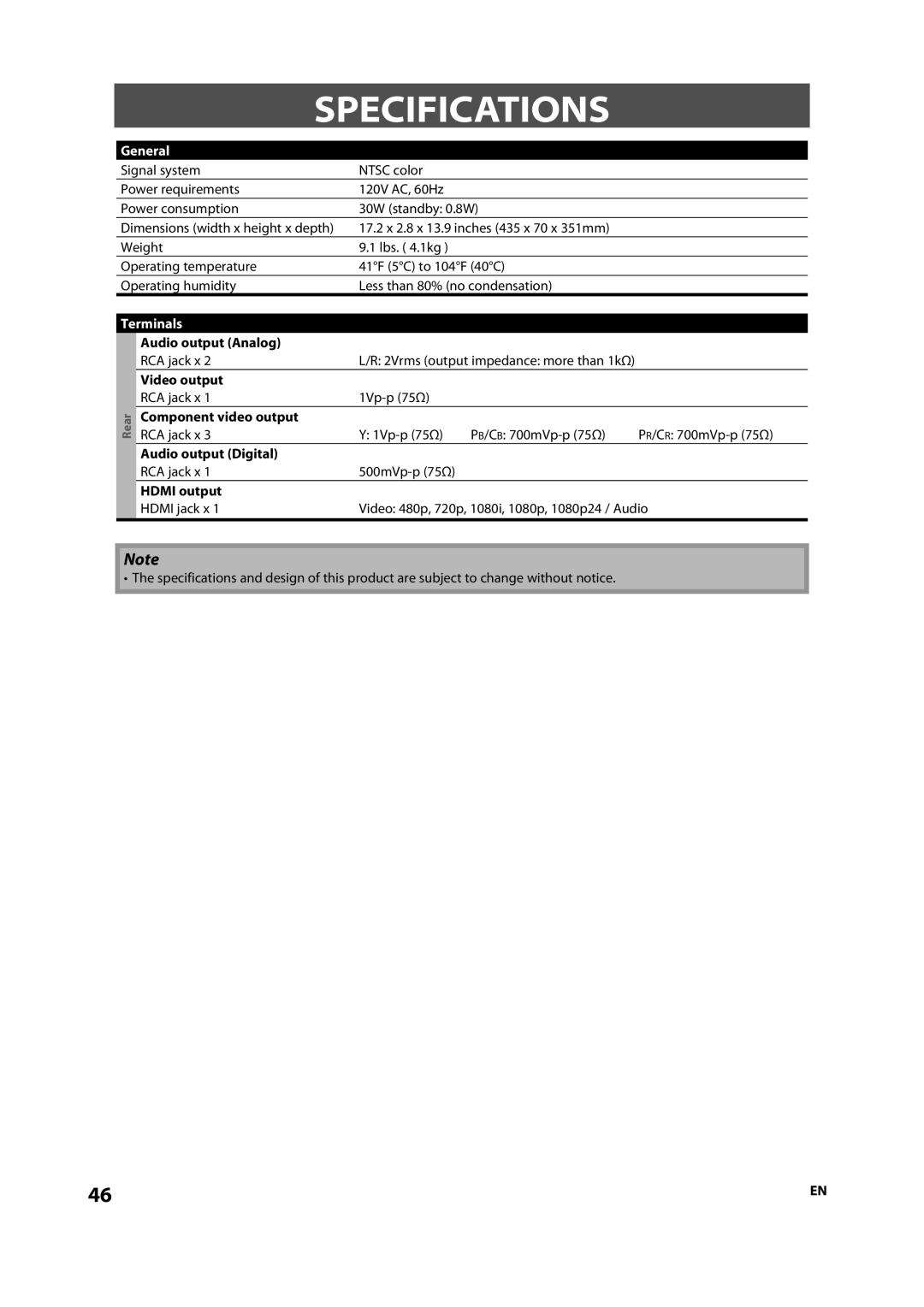 Sylvania NB500SL9 owner manual Specifications, General, Terminals 