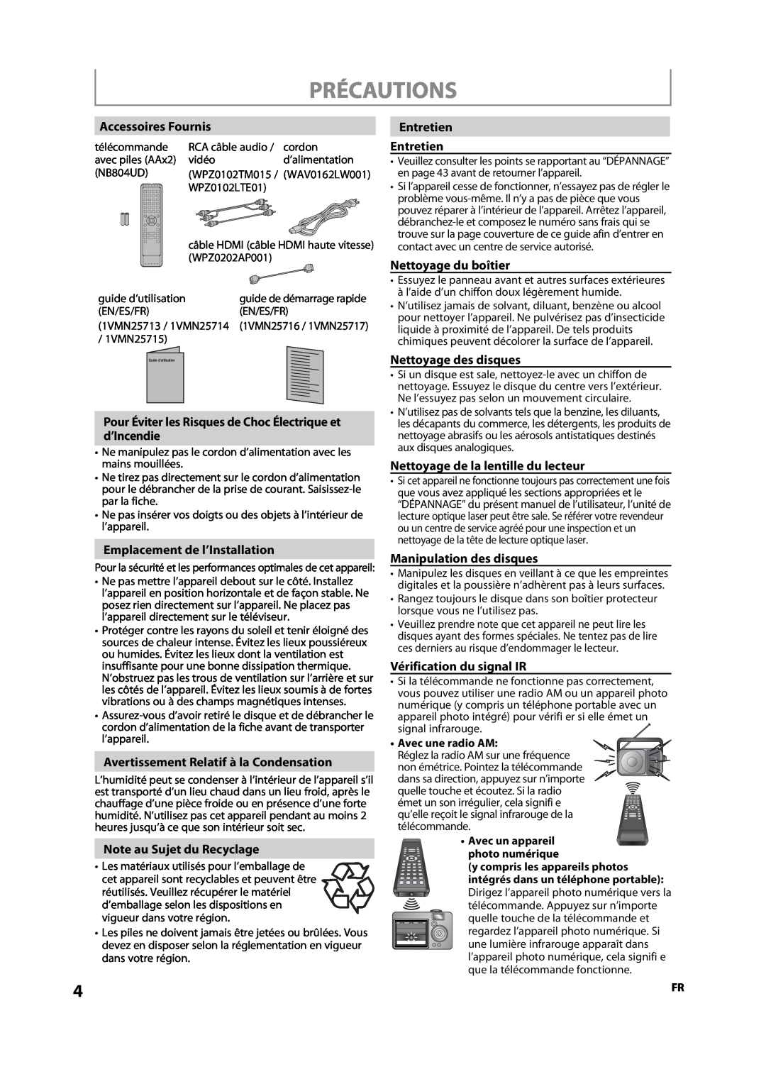 Sylvania NB500SL9 owner manual Précautions, Accessoires Fournis, Pour Éviter les Risques de Choc Électrique et d’Incendie 