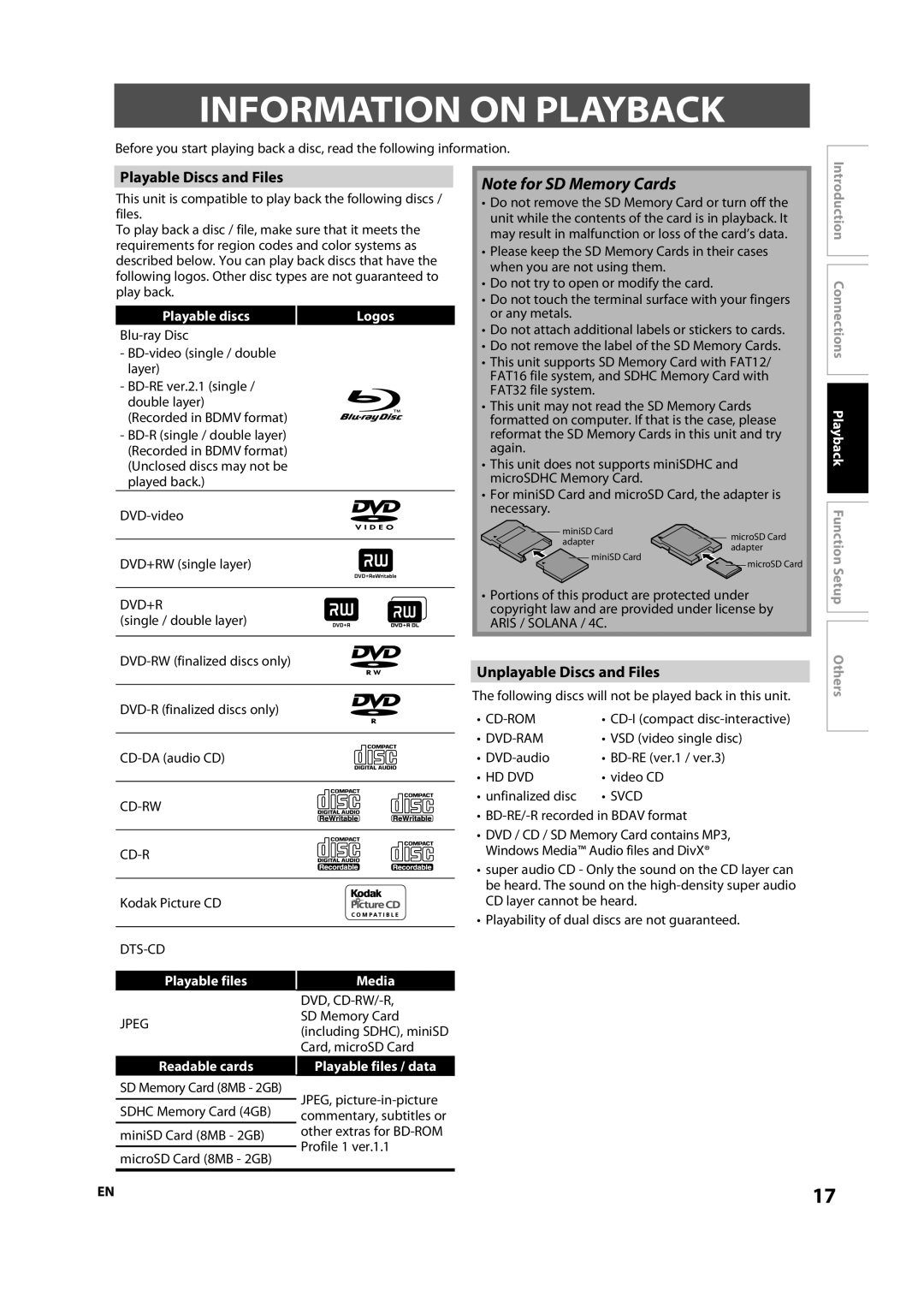 Sylvania NB500SL9 Information On Playback, Note for SD Memory Cards, Playable Discs and Files, Unplayable Discs and Files 