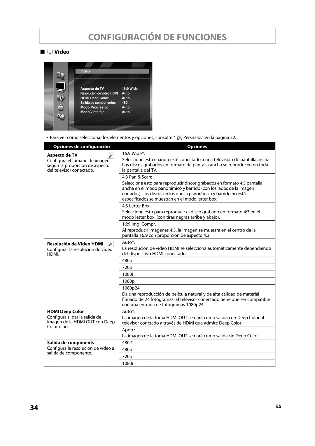 Sylvania NB500SL9 Configuración De Funciones, Opciones de configuración, Aspecto de TV, Resolución de Video HDMI 