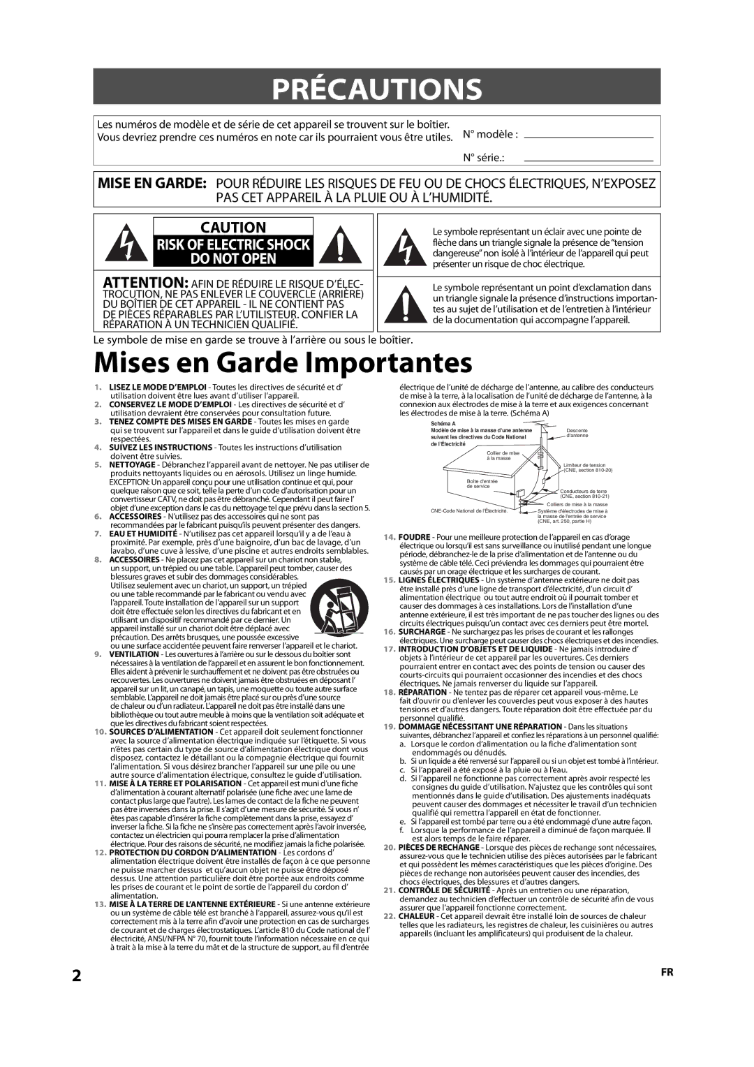 Sylvania NB501SL9 owner manual Précautions, Mises en Garde Importantes 