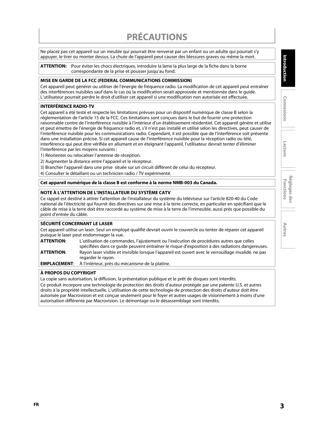 Sylvania NB501SL9 Précautions, Mise EN Garde DE LA FCC Federal Communications Commission, Interférence RADIO-TV 