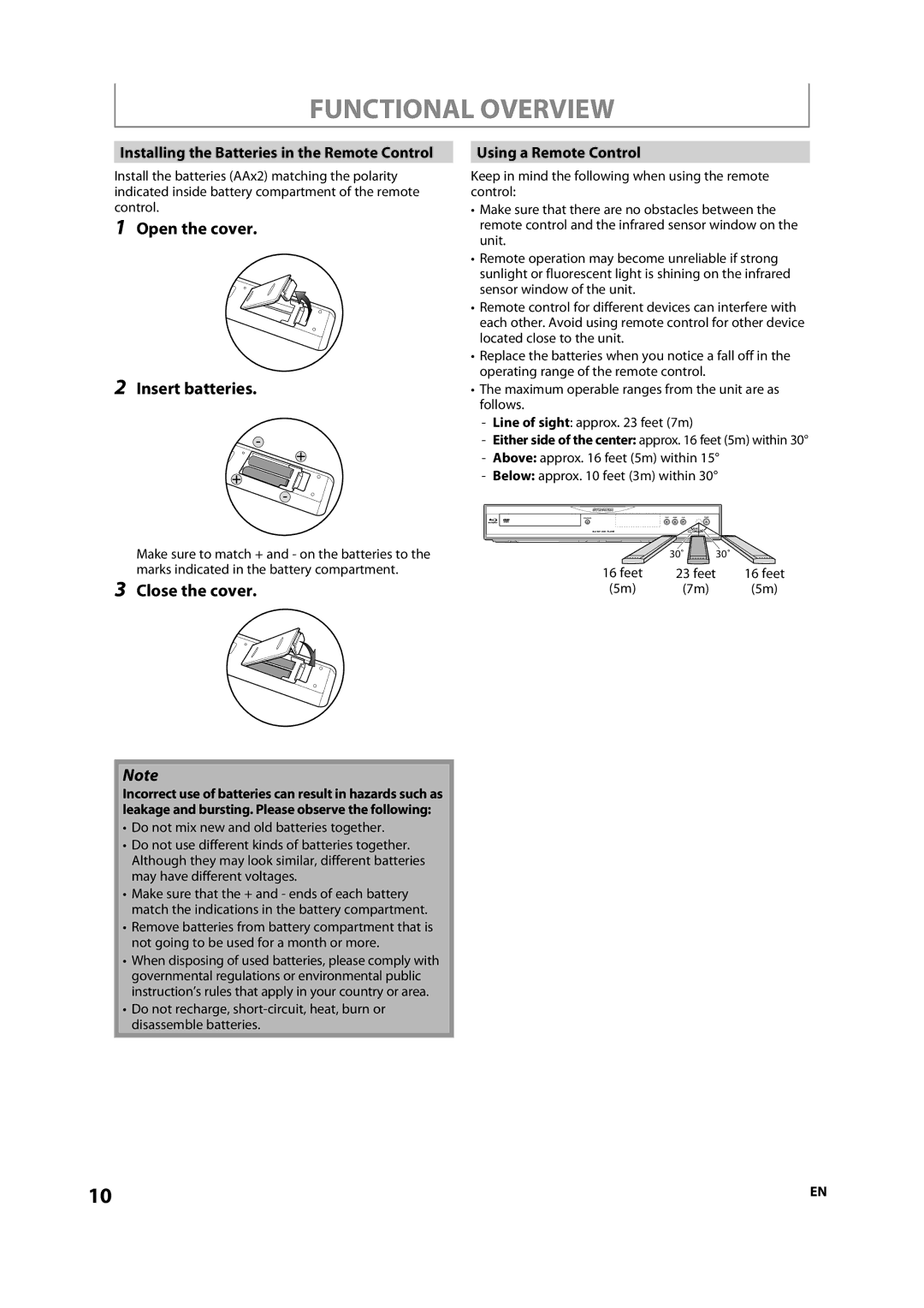 Sylvania NB501SL9 Open the cover Insert batteries, Close the cover, Installing the Batteries in the Remote Control 