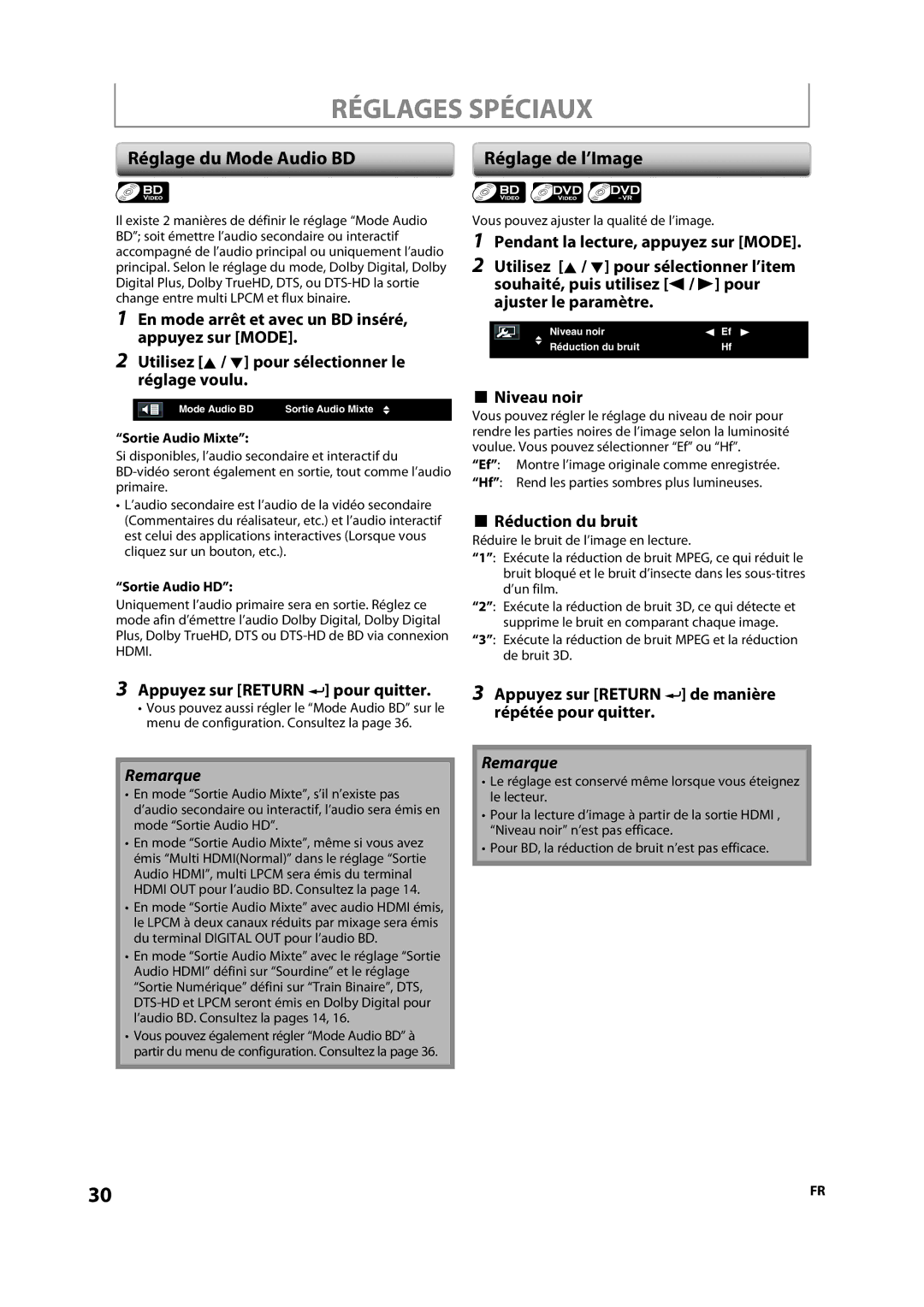 Sylvania NB501SL9 owner manual Réglages Spéciaux, Réglage du Mode Audio BD 