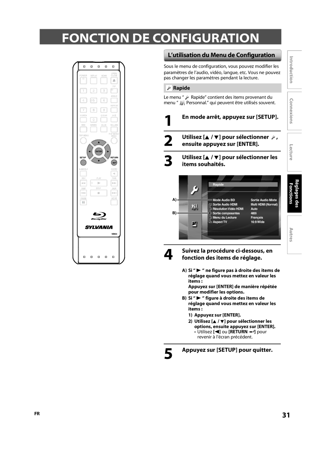 Sylvania NB501SL9 owner manual Fonction DE Configuration, ’utilisation du Menu de Configuration, Rapide 